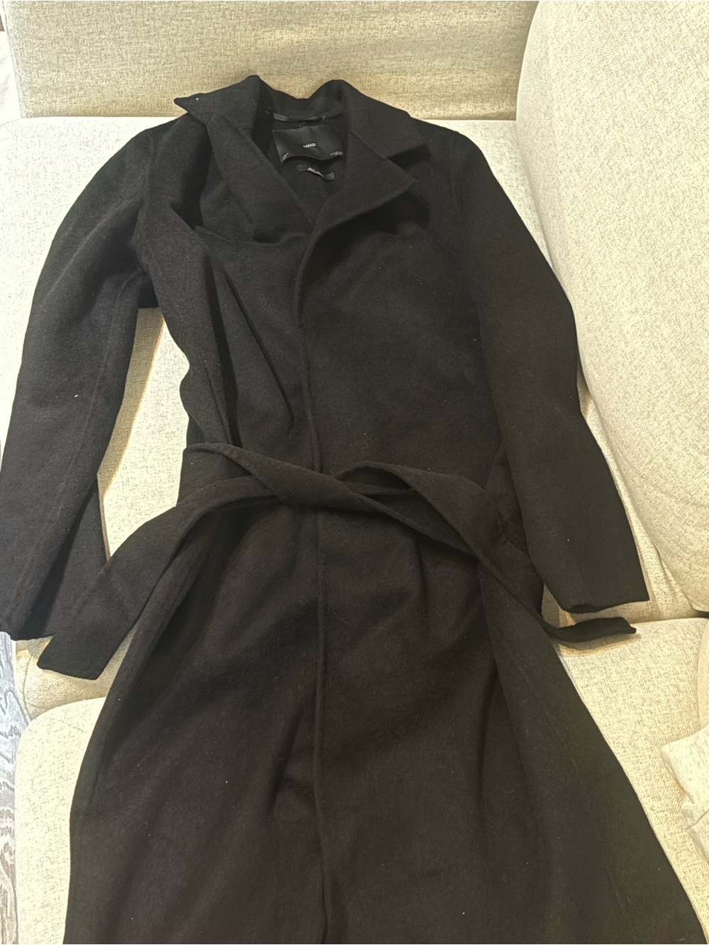 Mango Black Long Wool Trench Coat with Waist Tie (never worn)